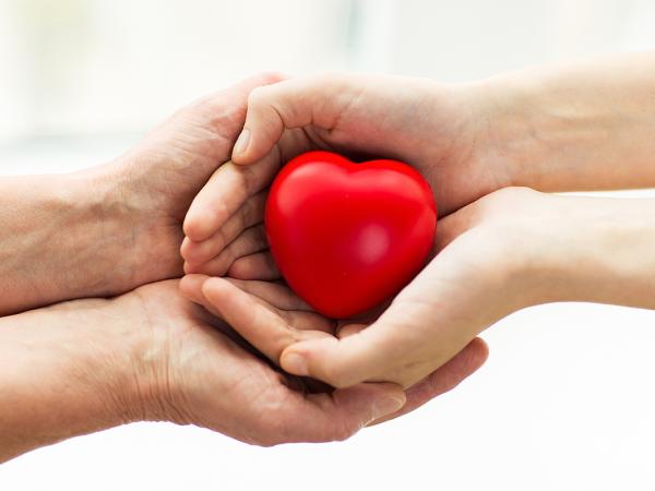 a person cupping a small red heart in their hands, a second person cupping the first persons hands in their own.
