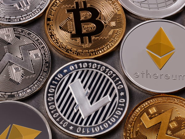 Various different coins representing cryptocurrency