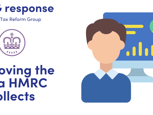 LITRG RESPONSE: Improving the data HMRC collects. Image of HMRC logo on the left with an image of a worker in front of a computer showing charts of data on the screen. 