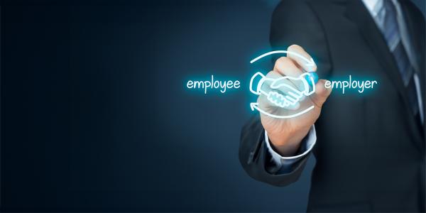 A person writing on a screen, an image of shaking hands, the word 'EMPLOYEE' written to the left of it and the word 'EMPLOYER' written to the right.