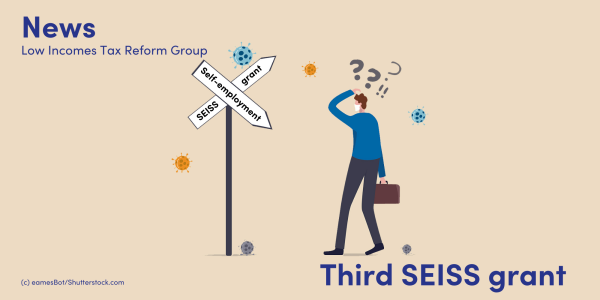 Image of a man looking confused next to a SEISS self-employment sign
