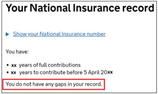 Screenshot of National Insurance record website page