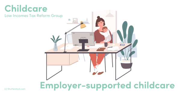Illustration of a woman at a desk holding a baby Illustration of a woman at a desk holding a baby