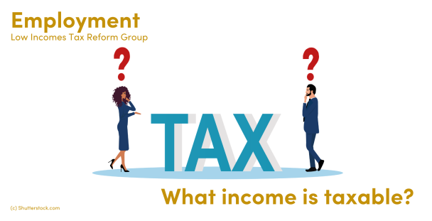 Illustration of a woman and man standing by the word tax with question marks over their heads