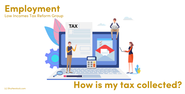 Illustration of people on a laptop with a tax document