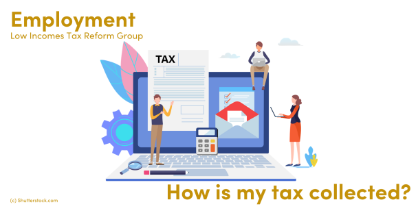 Illustration of people on a laptop with a tax document Illustration of people on a laptop with a tax document