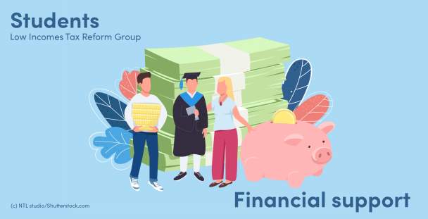 Illustration of parents and a graduate next to a piggy bank Illustration of parents and a graduate next to a piggy bank