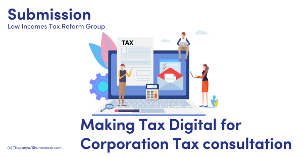 Illustration of people around a laptop and a tax document Illustration of people around a laptop and a tax document