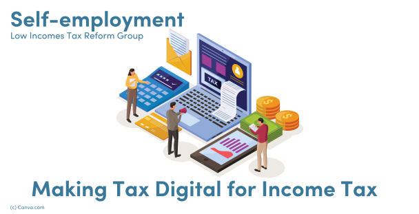 Making Tax Digital for Income Tax - image of 3 people with calculator, tablet, and laptop with the word 'tax' on the screen.
