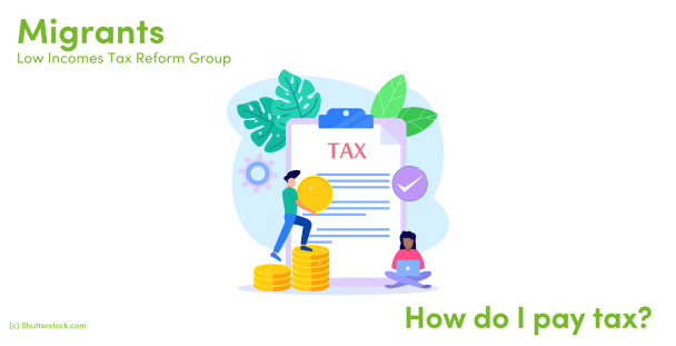 Illustration of people with a tax document and coins Illustration of people with a tax document and coins