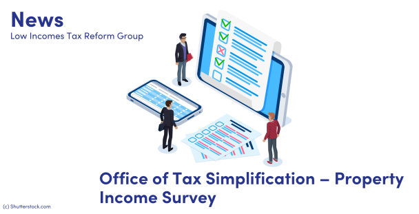 Office of Tax Simplification – Property Income Survey Illustration of people around various screens with survey images