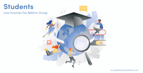 Illustration of students and a globe Illustration of students and a globe