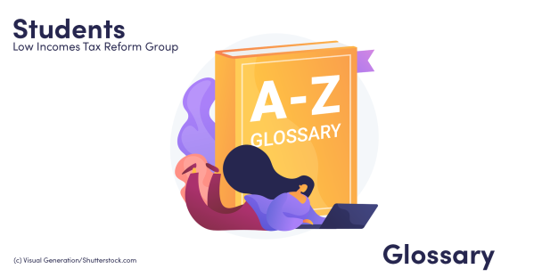 Illustration of a student in front of an A-Z glossary book Illustration of a student in front of an A-Z glossary book