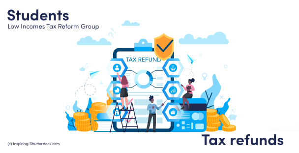 Illustration of people and a clipboard with the words tax refund written on it Illustration of people and a clipboard with the words tax refund written on it