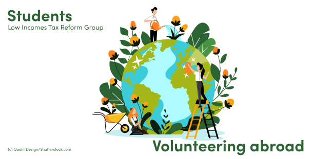 Illustration of volunteers around a globe Illustration of volunteers around a globe