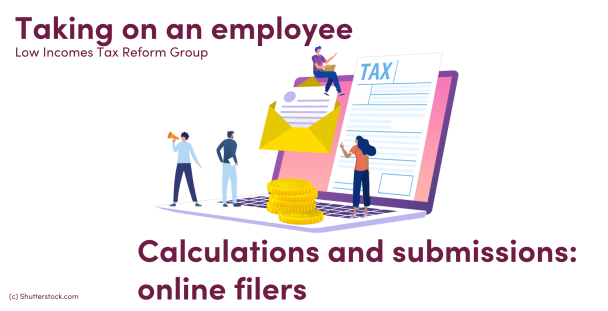 Illustration of people around a laptop and a tax document Illustration of people around a laptop and a tax document