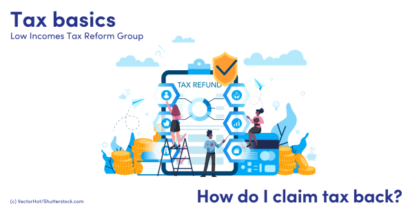 Illustration of people next to a clipboard containing tax refund paperwork Illustration of people next to a clipboard containing tax refund paperwork