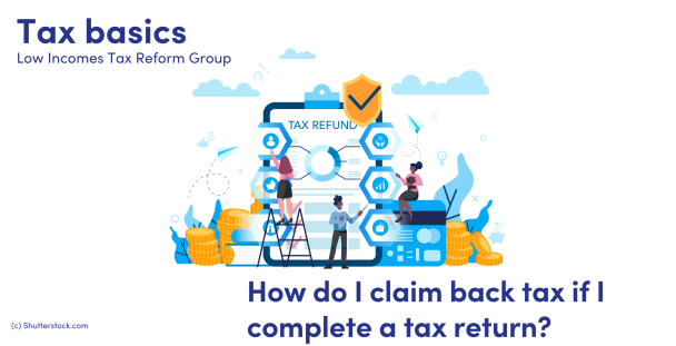 Illustration of people and a clipboard with the words tax refund written on it