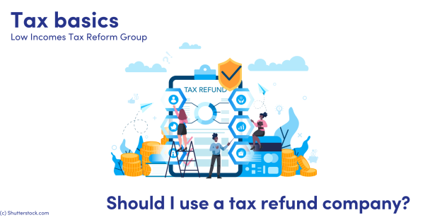 Illustration of people and a clipboard with the words tax refund written on it