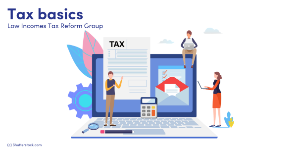 Illustration of people next to a laptop with a tax document Illustration of people next to a laptop with a tax document