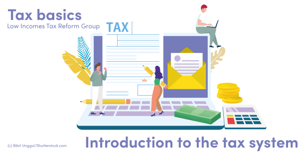 Illustration of people on a computer with tax paperwork Illustration of people on a computer with tax paperwork