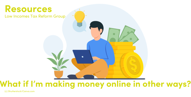 image of a man online using his laptop with a lightbulb above his head and a pile of money behind him. image of a man online using his laptop with a lightbulb above his head and a pile of money behind him.