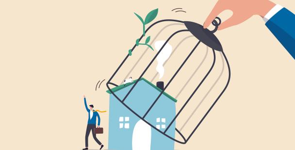 Illustration of a man leaving the house and returning to work Illustration of a man leaving the house and returning to work