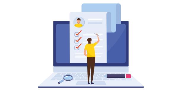 Illustration of man standing on a computer filling in an online form Illustration of man standing on a computer filling in an online form