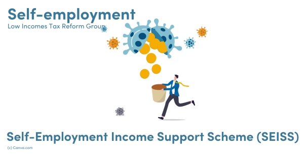 Self-Employment Income Support Scheme (SEISS). Image of a person trying to catch money falling from a virus symbol. 
