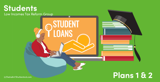Illustration of a student in front of a graduation cap and a student loan document Illustration of a student in front of a graduation cap and a student loan document