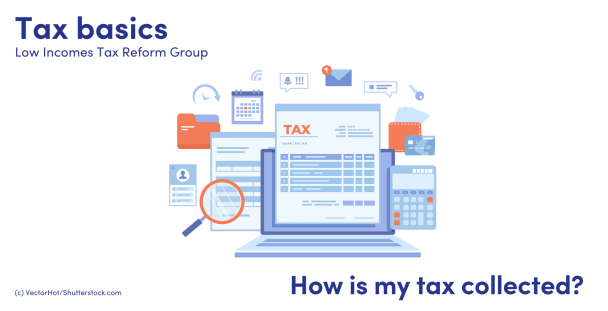 Illustration of a computer, tax document and forms of communication Illustration of a computer, tax document and forms of communication