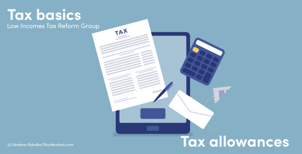 Illustration of a calculator, tablet device and paper with the word tax on it