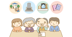 Illustration of a family working out bereavement document