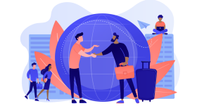 Illustration of people standing around and in front of a globe