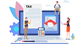 Illustration of people around a laptop and a tax document