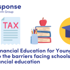 LITRG response - APPG on Financial Education for Young People: Inquiry into the barriers facing schools as they deliver financial education. Illustrations of a page with the word TAX, a pile of books and a graduation mortarboard hat.