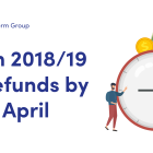 NEWS: Claim 2018/19 tax refunds by 5 April. Image of a clock ticking, money waiting behind the clock and a person using their laptop. To show time is running out to claim tax refunds.