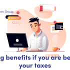 News: claiming benefits if you are behind on your taxes. image of a man sat at a computer with a cup of coffee, he has bubbles above his head of everything he is thinking about, too much to do. 