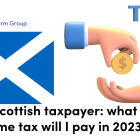 LITRG news: I am a Scottish taxpayer: what Scottish income tax will I pay in 2023/24. Image of a scottish flag on the left, image of a hand paying the other hand money with the word TAX above