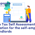 LITRG response - Income Tax Self Assessment registration for the self-employed and landlords. Illustration of a calculator and a person holding a pencil next to a tax return.