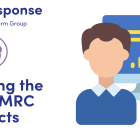 LITRG RESPONSE: Improving the data HMRC collects. Image of HMRC logo on the left with an image of a worker in front of a computer showing charts of data on the screen. 