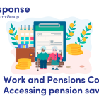 Illustration of an elderly couple next to a clipboard surrounded by piles of coins