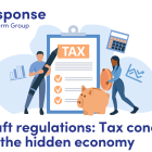 Illustration of a man and women in front of a clipboard with the word tax written on it