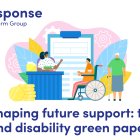 Illustration of disabled person and woman with walking stick next to a woman sitting at a desk