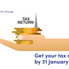 Illustration of a hand holding coins and a note saying tax return