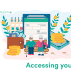 Illustration of two pensioners surrounded by a wallet and money