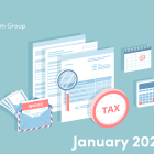 Illustration of tax documents, calculator and calendar