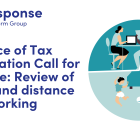 LITRG RESPONSE:Office of Tax Simplification Call for Evidence: Review of hybrid and distance working. image of a woman at work in an office setting then the same woman working from home on the sofa with her laptop,and a small child playing with a kitten  