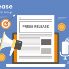 Press release. a coloured image of a speakerphone, a paper press release and microphone