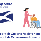 LITRG response - Scottish Carer's Assistance: Scottish Government consultation. Illustration of a Scottish flag and a woman pushing someone in a wheelchair.